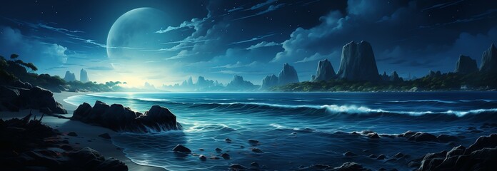 A serene night landscape featuring a moonlit seascape with distant mountains and calm waves, evoking tranquility.