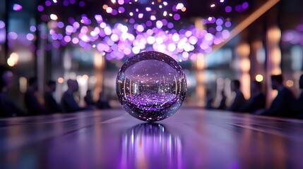 Crystal ball reflecting urban nightlife with purple bokeh lights and blurred city background creates magical atmosphere on reflective surface. Perfect for mystical designs.