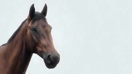 Fototapeta premium Bay horse head profile against light background, showing noble expression and detailed features of dark mane and alert ears, suitable for equestrian designs.