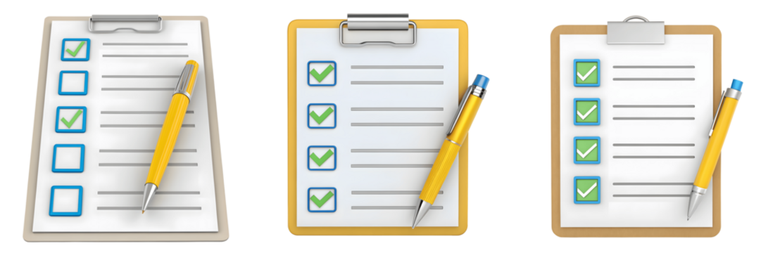 Three clipboards with checklist and pen isolated on transparent background
