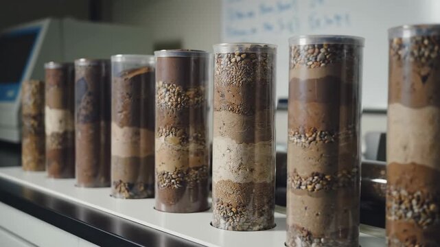 Soil and Rock Core Samples in Lab - Seven transparent tubes display layered soil and rock core samples from a geological drilling site.