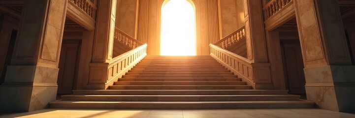 Fototapeta premium Dramatic Hollywood-style staircase ascending towards a bright, unseen space Perfect for luxury, elegance, and success themes Grand architectural detail is showcased , house, stairs