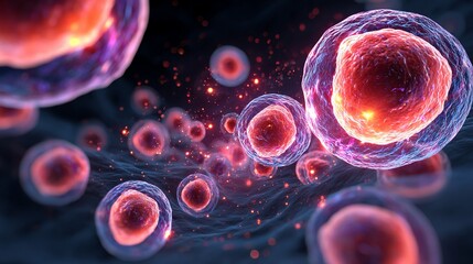 Vibrant scientific illustration of glowing cells and particles, suggesting cellular biology, research, and medical discovery in a dynamic abstract background.
