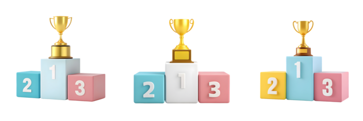 Three podiums with trophies isolated on transparent background