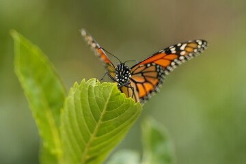 Obraz premium A colorful monarch butterfly with delicate orange wings rests on a vibrant flower in the summer garden
