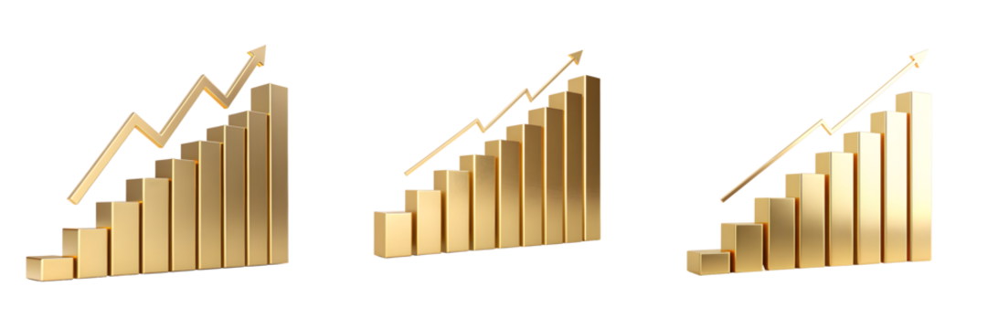 Golden bar graph with arrow isolated on transparent background