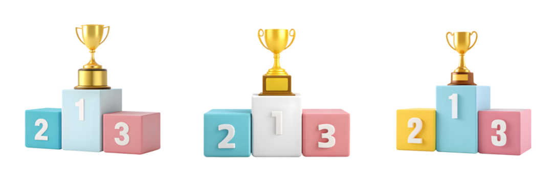 Three podiums with trophies isolated on transparent background - Powered by Adobe