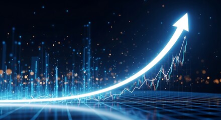 Futuristic glowing arrow graph showing exponential growth over abstract cityscape