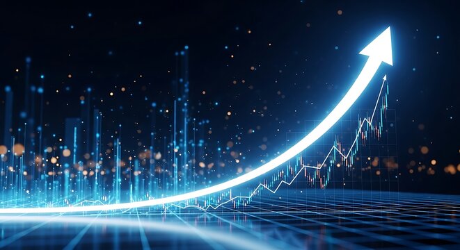 Futuristic glowing arrow graph showing exponential growth over abstract cityscape