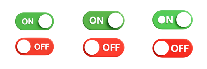 On and off toggle switches in green and red isolated on transparent background