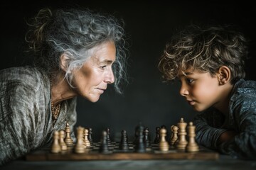 A tense chess match between a thoughtful elderly woman and an eager young boy, capturing the essence of mentorship.