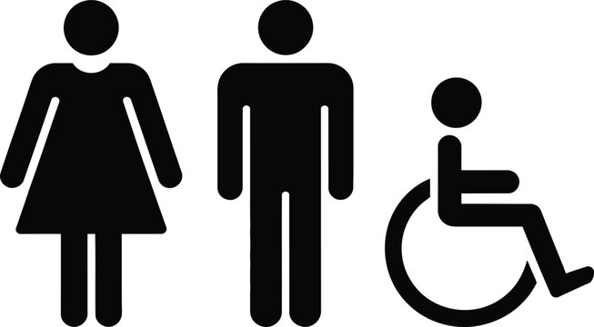 Accessible restroom signage showing female male and wheelchair user symbols for public facilities