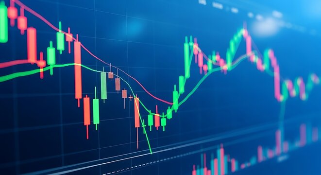 Financial stock market candlestick chart with moving averages on a blue background
