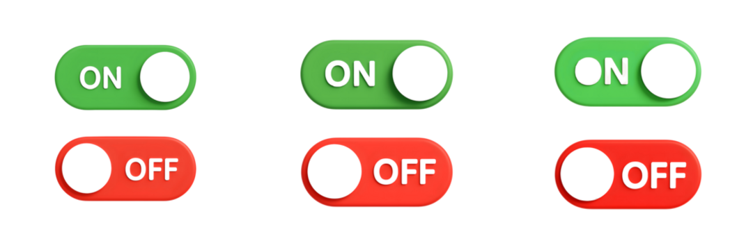 On and off toggle switches in green and red isolated on transparent background - Powered by Adobe