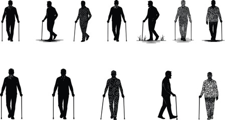 Silhouettes of elderly men walking with canes, senior citizens, elderly mobility, aged people, senior health, walking aid, disability support, active seniors