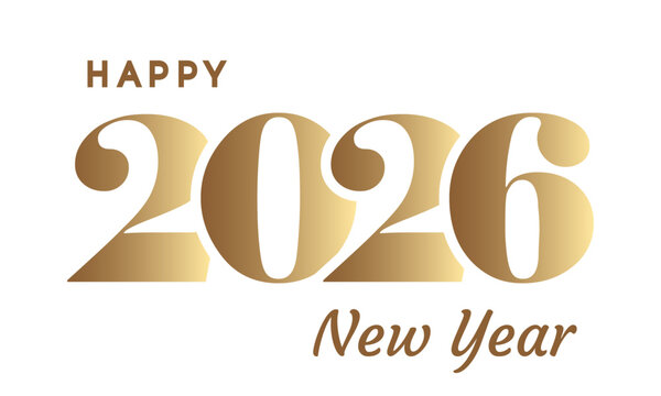 Elegant golden 2026 Happy New Year typography design with modern luxury gradient numbers, festive holiday greeting card template for celebration, party and seasonal event