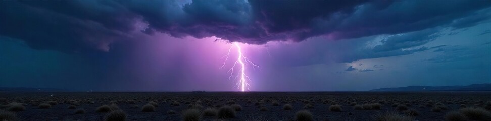 Dramatic lightning strike illuminates a dark, stormy sky over a vast, desolate landscape  The power of nature is on full display in this breathtaking scene  ,  elemental force,  breathtaking