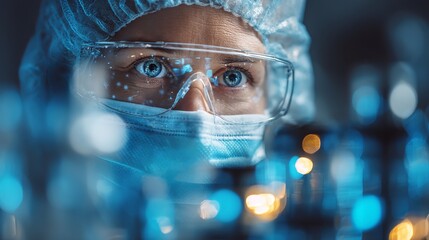 Determined scientist intensely focused on groundbreaking research, eyes reflecting intricate data in futuristic laboratory setting