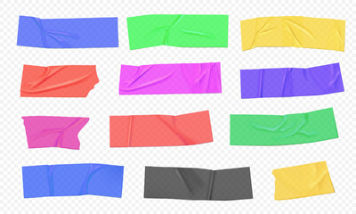 Set of adhesive tapes on transparent background. Torn masking tape with ragged edges. Vector illustration of scotch tape for labels and design elements.