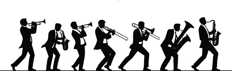 Silhouettes of Jazz Band Musicians Playing Instruments, Brass Ensemble in Performance, Trumpet, Trombone, Saxophone, Music Event, Artistic Concept