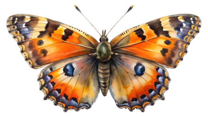 Watercolor painting of a small tortoiseshell butterfly isolated on transparent background