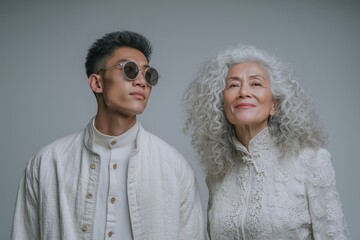 A young man and an older woman wearing stylish outfits and sunglasses, showcasing confidence and connection.