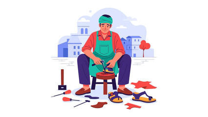 Artisan Crafting: A skilled artisan focuses intently on crafting leather goods, showcasing traditional craftsmanship against a backdrop of a quaint urban setting. 