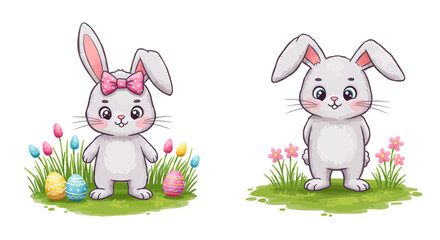 Obraz premium Cute easter bunny with bow and eggs on grass with flowers