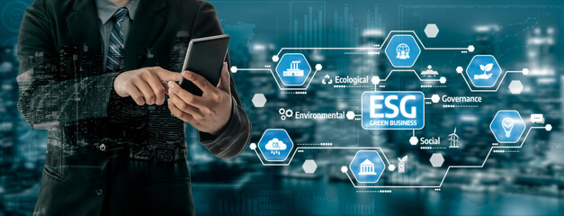A businessman engages with his smartphone surrounded by ESG icons, highlighting the importance of environmental, social, and governance factors in modern business practices. Tessel
