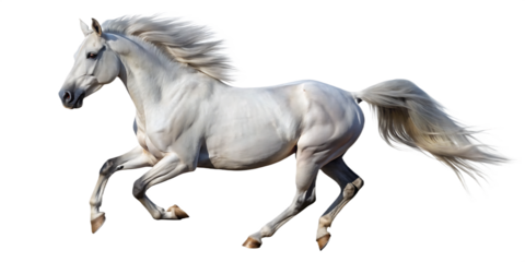 White horse with flowing mane galloping isolated on a transparent background animal