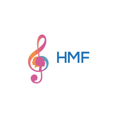 HMF “Colorful music logo with human faces and treble clef design” HMF Later Logo, “Creative music academy logo with silhouette heads and notes” 
