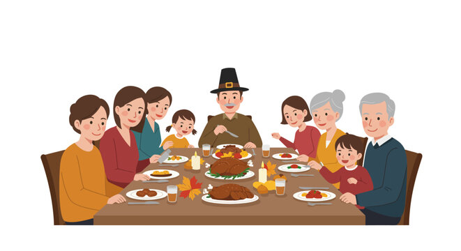 Thanksgiving family dinner celebration in cartoon style