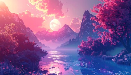 Pink sunset mountain valley