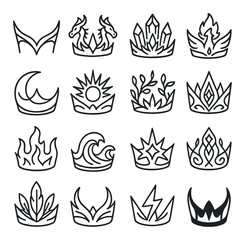 Fototapeta premium Elemental powers linear icon set. featuring crown symbols of fire, water, earth, lightning, dragon, and moon