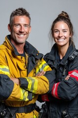 Fototapeta premium Dynamic duo of firefighters smiling confidently in their gear, showcasing teamwork and bravery in a heroic profession.