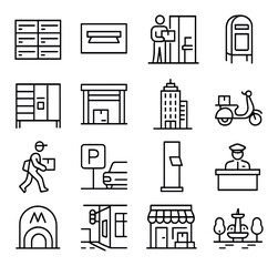 Delivery and urban transport linear icon set. featuring lockers, mailbox, courier, building, scooter, and fountain