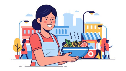 Freshly Served: In this digitally crafted vector illustration, a cheerful vendor presents a steaming bowl of noodles, embodying the essence of fresh food and the lively spirit of street-side cuisine.