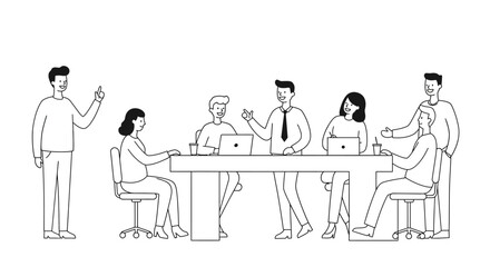 Monochrome office meeting in minimalist style with laptops and diverse team