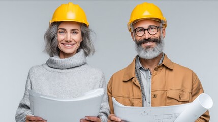 Professional construction team assessing blueprints with confidence. Experienced duo ready to build success together.