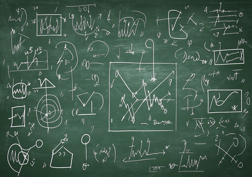 Chalkboard of complex equations and graphs representing abstract concepts and data