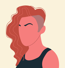 Modern redhead young woman, abstract faceless female character, head portrait. Hand drawn vector illustration.