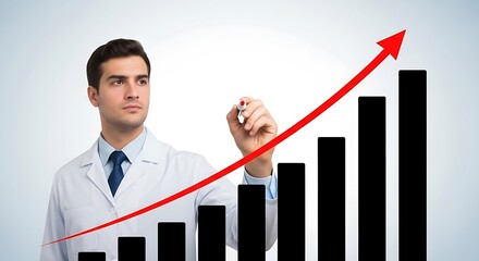 Man in lab coat drawing a red upward trend line on a bar graph