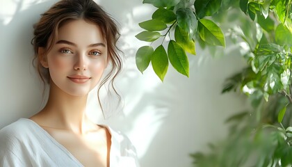 Fototapeta premium Young Caucasian woman with natural makeup and loose hair wearing white garment smiling near green leaves against light wall, soft morning light creating gentle atmosphere.