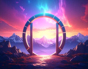 A vibrant portal through a majestic mountain landscape