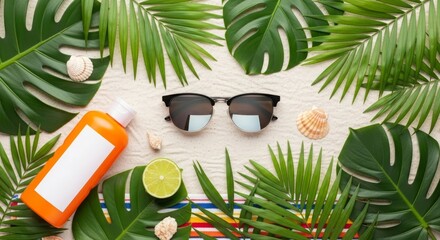 Summer Flatlay with Tropical Leaves Sunglasses and Orange Bottle