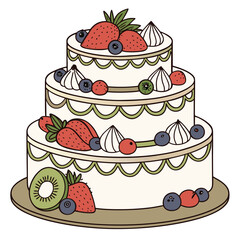Two Tier Fruit Cake Illustration with Strawberries and Blueberries