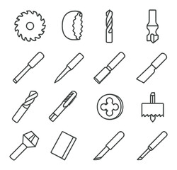 Industrial tools linear icon set. featuring saw, clamp, drill, chisel, knife, and file symbols
