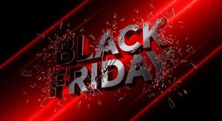 Black friday text with shattered glass effect on a red and black gradient background with light streaks