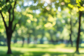 Blurry vibrant nature background with trees and bright bokeh sunlit leaves