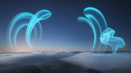 Futuristic light trails illuminating a cloudy sky at sunset